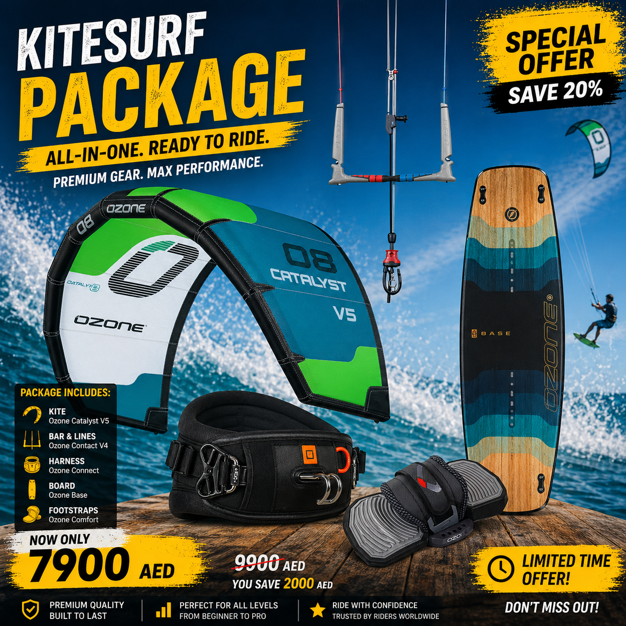Ozone 2026 beginner kitesurf package with Catalyst V5 kite, Ozone Base board, control bar, harness and footstraps